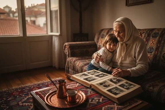 Bosnian grandmother and grandchild with an old family photo album in a warm home
