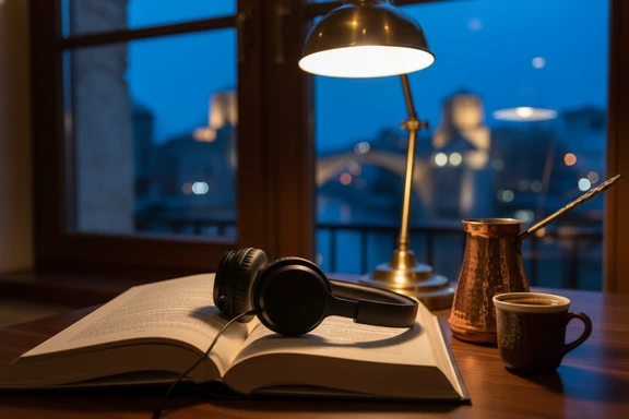 Open hardcover book in Bosnian with headphones and coffee on a wooden table