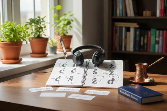 Language student practicing Bosnian at a desk with flashcards and headphones
