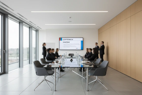 Corporate meeting room in Sofia with a presentation slide in Cyrillic