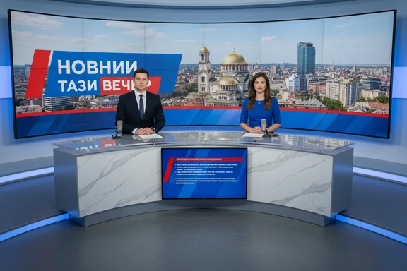 Модерно новинарско студио с микрофон и екран с български новини