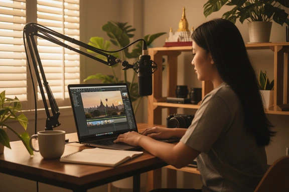 Travel content creator recording a voiceover in a home studio with Bagan temples on screen