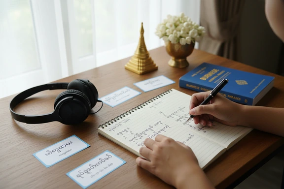 Language student practicing Burmese pronunciation with headphones and handwritten notes