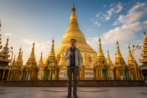 Visitor using a mobile audio guide in front of the golden Shwedagon Pagoda at dusk