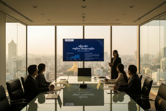 Business presenter in a modern Yangon meeting room with a large screen