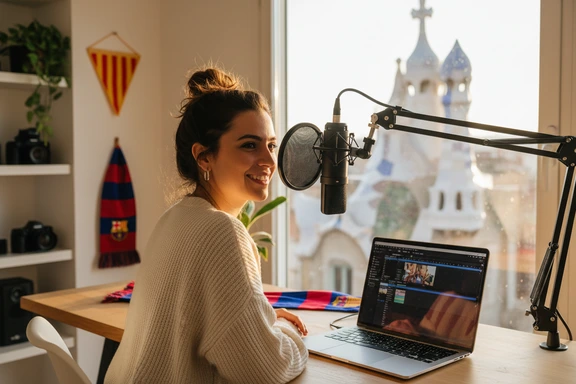 Creador de contingut catal&agrave; a un estudi de Barcelona enregistrant una veu en off