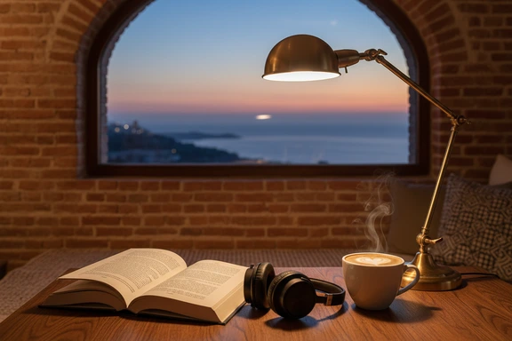 Novel&middot;la oberta amb auriculars i caf&egrave; sobre una taula de fusta amb llum c&agrave;lida