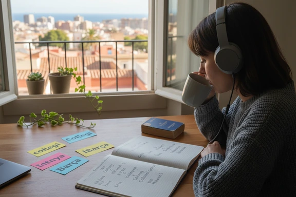 Language student practicing pronunciation with headphones and flashcards