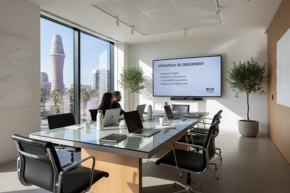 Sala de reuniones corporativa en Barcelona con presentaci&oacute;n en pantalla grande