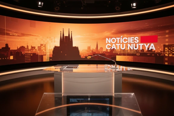 Estudi de televisi&oacute; modern amb pupitre, micr&ograve;fon i gr&agrave;fics del skyline de Barcelona