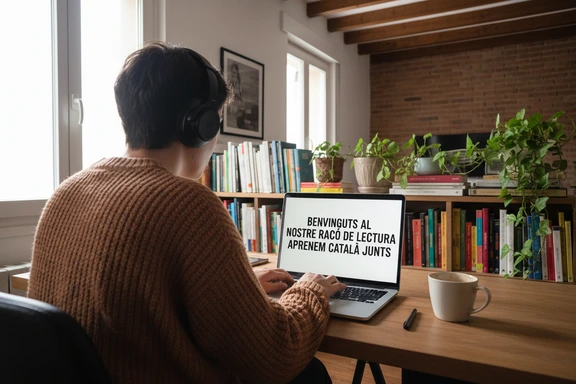 Persona amb lector de pantalla i auriculars davant d&rsquo;un port&agrave;til amb contingut catal&agrave; accessible