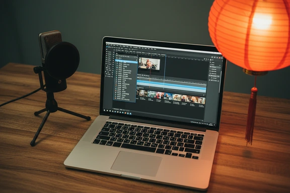 家庭工作室，中文视频剪辑时间线与普通话配音波形