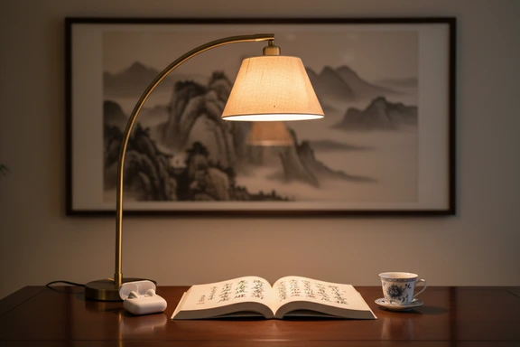 打开的古典中文书、耳机与传统茶杯