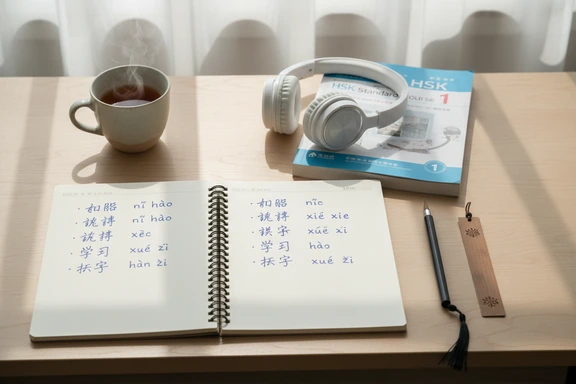 Schreibtisch mit Mandarin-Vokabeln, Tontabellen und Kopfhörern