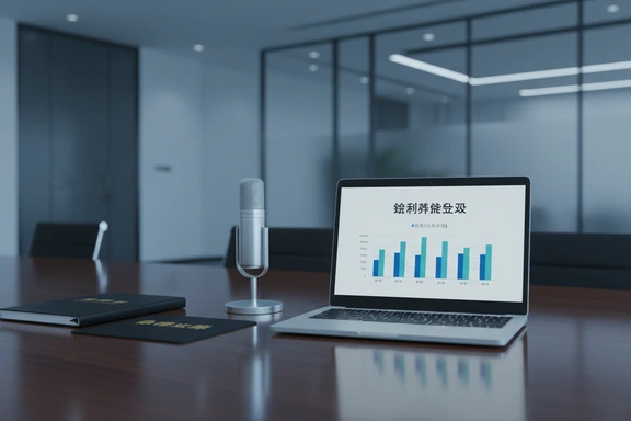 Business-Präsentation mit chinesischem Finanzdiagramm und Mikrofon