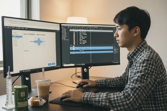 台湾メディア吹き替え — 台北 101 のスカイラインと放送スタジオ、繁体字のネオンサイン