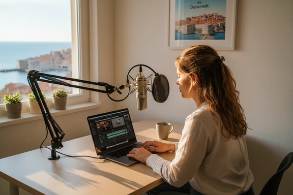 Croatian content creator at a home studio desk with a microphone recording a YouTube voiceover