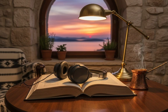Open Croatian hardcover novel with over-ear headphones on a wooden table in warm lamp light