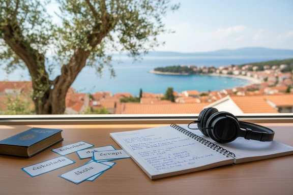 Language student practicing Croatian pronunciation with headphones and a notebook of phonetic notes
