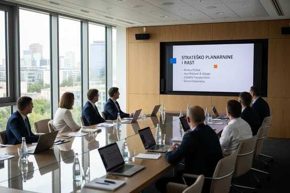 Modern Croatian corporate meeting room with a business presentation slide in Croatian on a large screen
