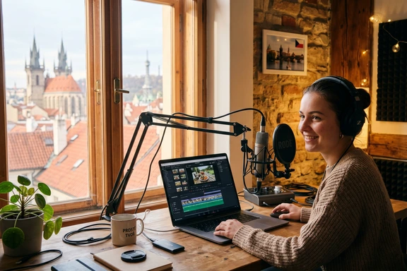 Young Czech content creator in a Prague home studio recording a voiceover for a YouTube video