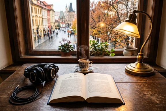 Open Czech novel with headphones on a wooden table in warm evening lamp light