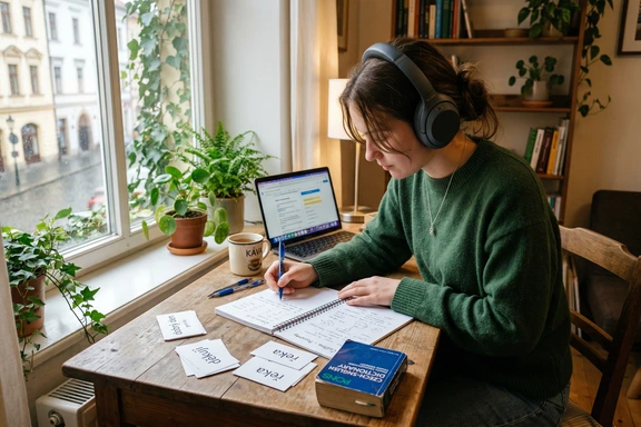 Language student practicing Czech pronunciation with headphones and a notebook of phonetic notes