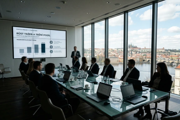 Professional presenter behind a Czech business presentation on a large screen in a modern Prague office