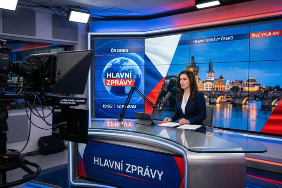 Moderné spravodajské štúdio s mikrofónom a obrazovkou s pražskou panorámou