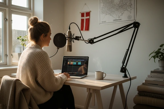 Dansk creator i hjemmestudie med mikrofon optager voiceover til YouTube
