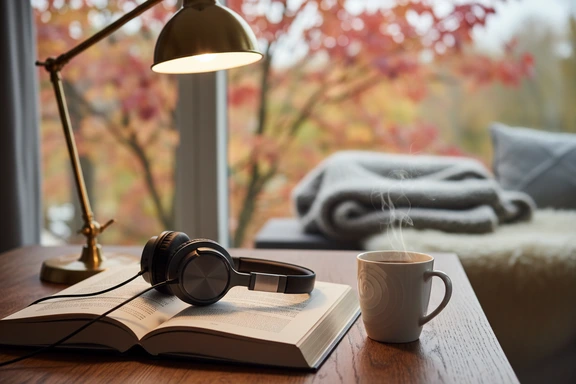 &Aring;ben dansk roman med h&oslash;retelefoner p&aring; et tr&aelig;bord i varmt aftenlys