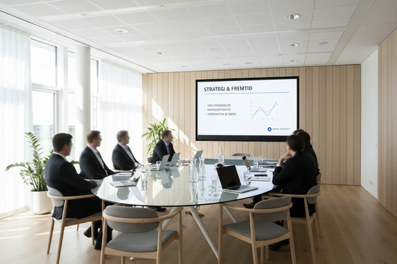 Pr&aelig;sentator foran en dansk virksomhedspr&aelig;sentation p&aring; stor sk&aelig;rm