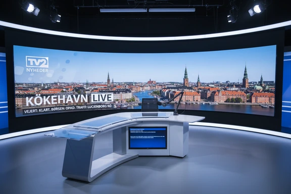 Moderne nyhedsstudie med mikrofon og sk&aelig;rm med danske nyhedsgrafikker
