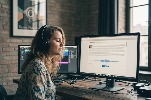 Studio broadcast flamand style VRT avec skyline de Bruxelles et forme d'onde à l'écran