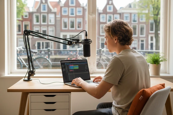 Nederlandse creator in thuisstudio met microfoon voor een YouTube-video