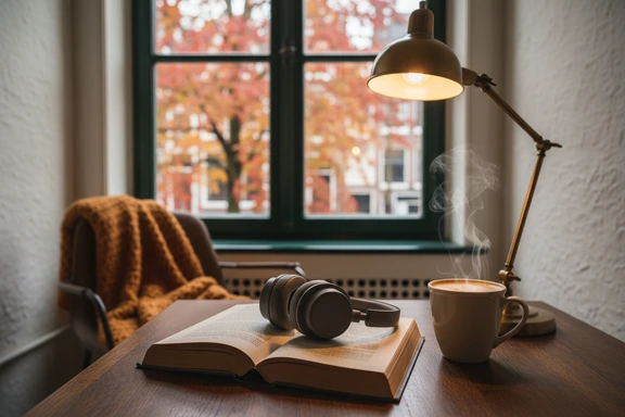 Open Dutch novel with headphones on a wooden table in warm evening lamp light