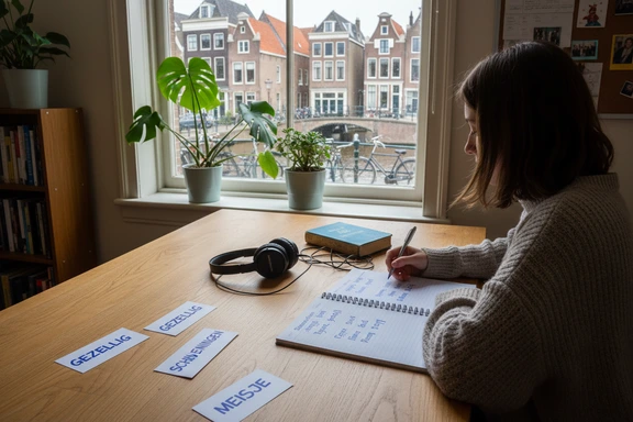 Language student practicing Dutch pronunciation with headphones and a notebook of phonetic notes