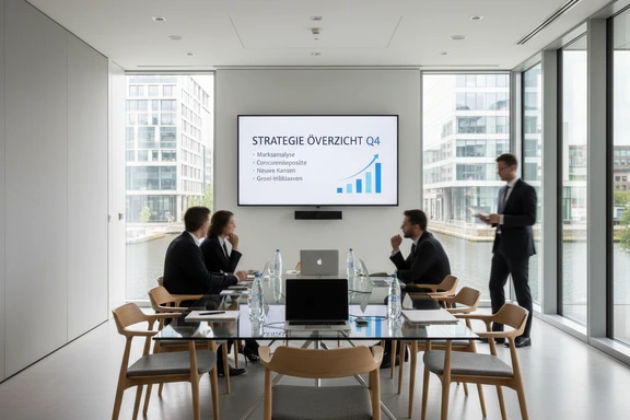 Professional presenter in front of a Dutch business presentation on a large screen with audience silhouettes