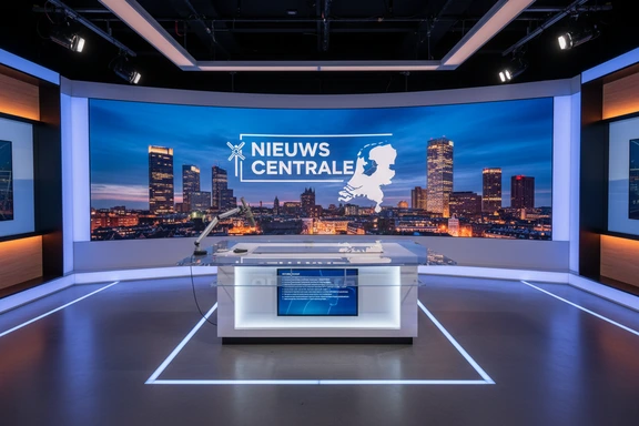 Moderne nieuwsstudio met microfoon en Nederlands nieuwsscherm