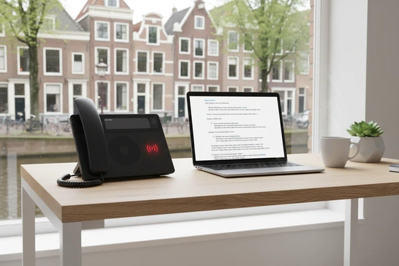 Bureautelefoon met knipperend voicemail-lampje en laptop met script