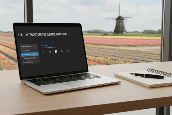 Laptop zeigt einen niederländischen Online-Kurs mit Audiolektion und Fortschrittsanzeige