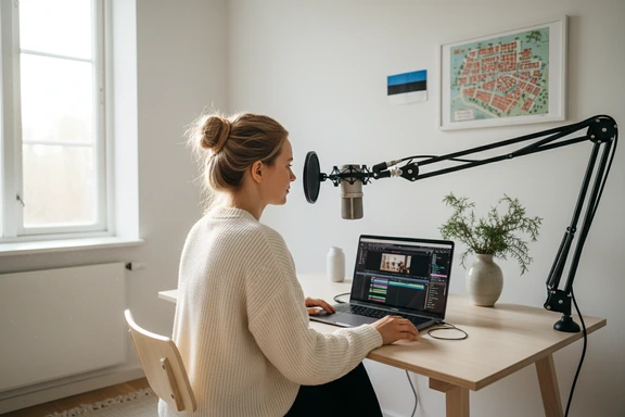 Young Estonian creator in a minimal Tallinn home studio recording a voiceover with a condenser microphone and laptop video timeline