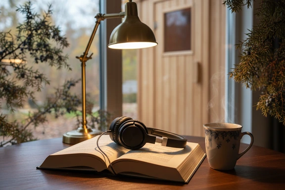 Open Estonian hardcover novel with headphones on a wooden table beside a steaming cup of herbal tea in warm evening lamp light