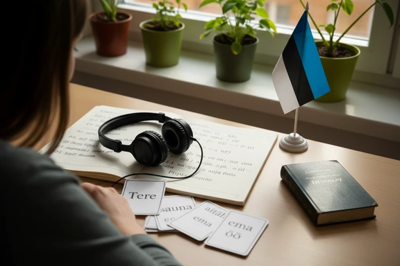 Language student practicing Estonian pronunciation with headphones and an open notebook of phonetic notes