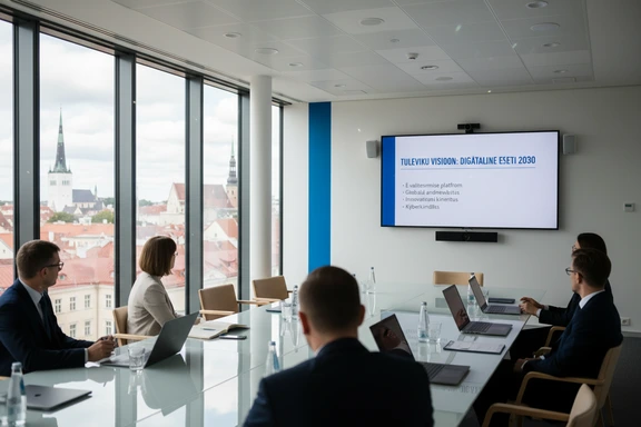 Modern Estonian corporate meeting room with a wall screen showing a clean business presentation in Estonian and minimalist Scandinavian furniture