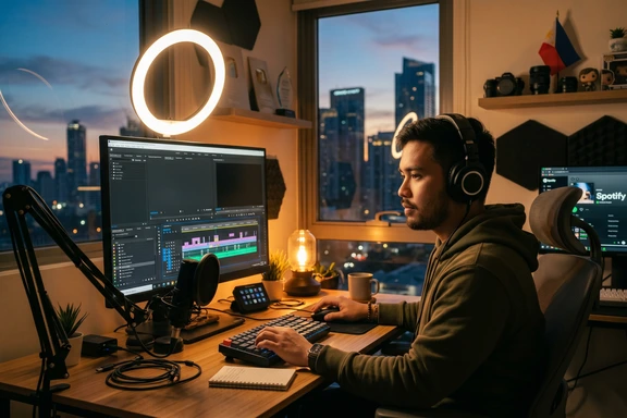 Filipino content creator at desk with ring light and editing timeline