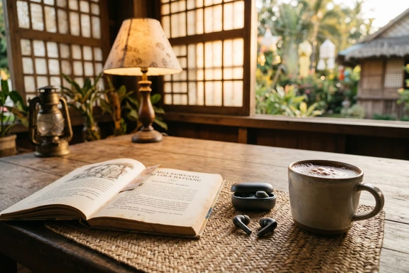 Filipino storybook na may earbuds at tsokolate