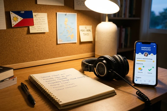 Study desk with Tagalog vocabulary notes and headphones