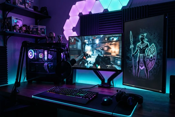 Streaming setup with RGB keyboard and character avatar art