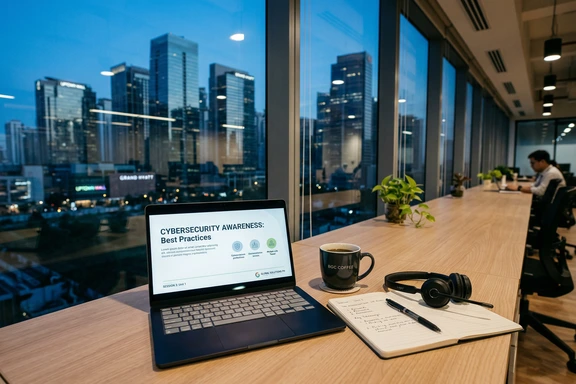 Modern BGC office with laptop showing training slide and Manila skyline
